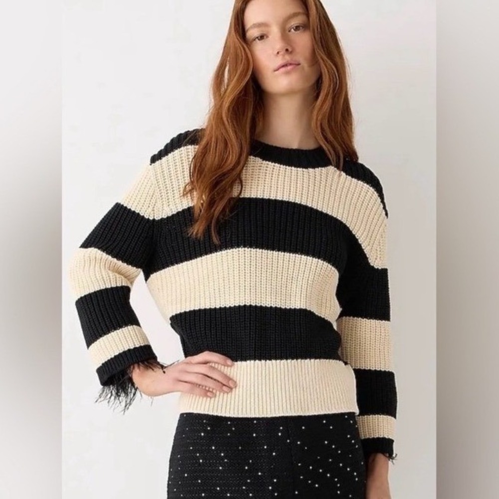 New J.Crew Collection Feather Cuff Striped Ribbed Sweater Black Cream Medium‎